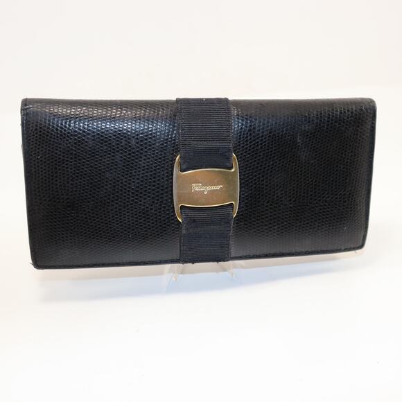 Vintage Salvatore Ferragamo Vara Bow Black Leather Continental Wallet - Picture 1 of 6
